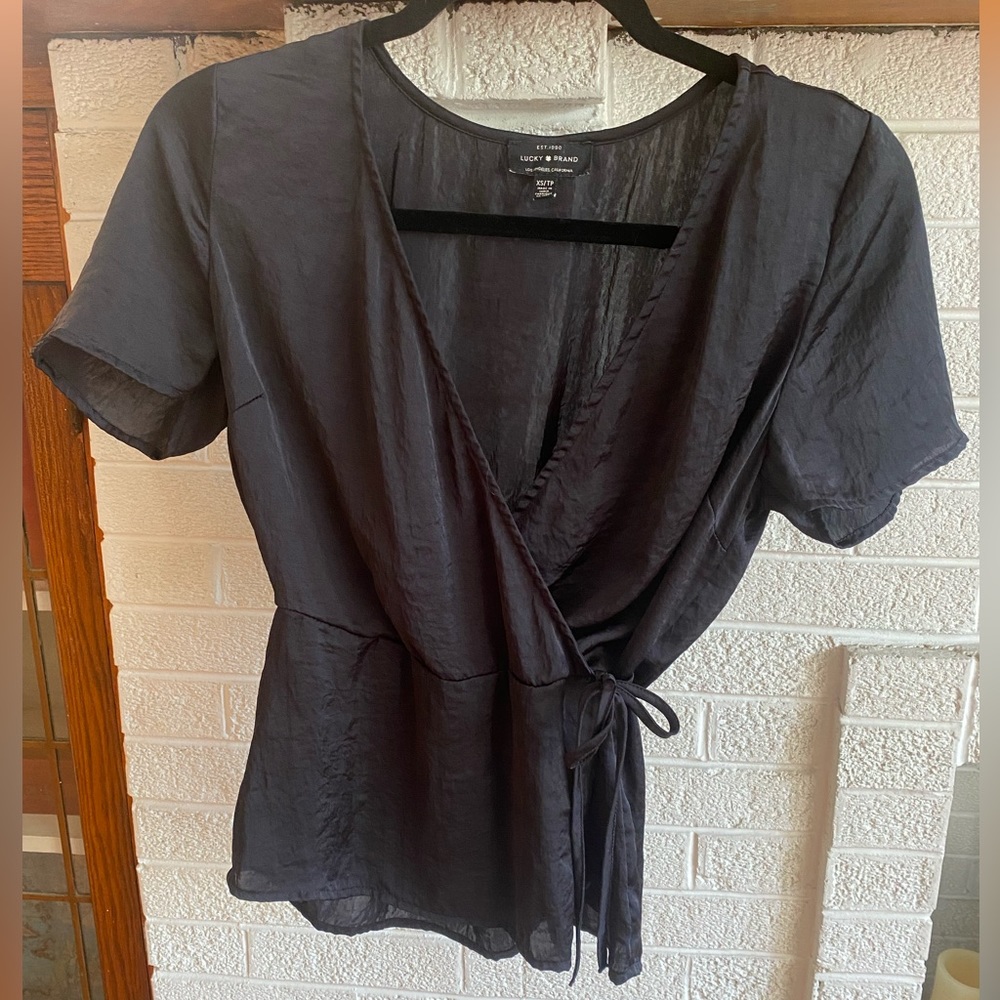 Lucky Brand black satiny wrap top